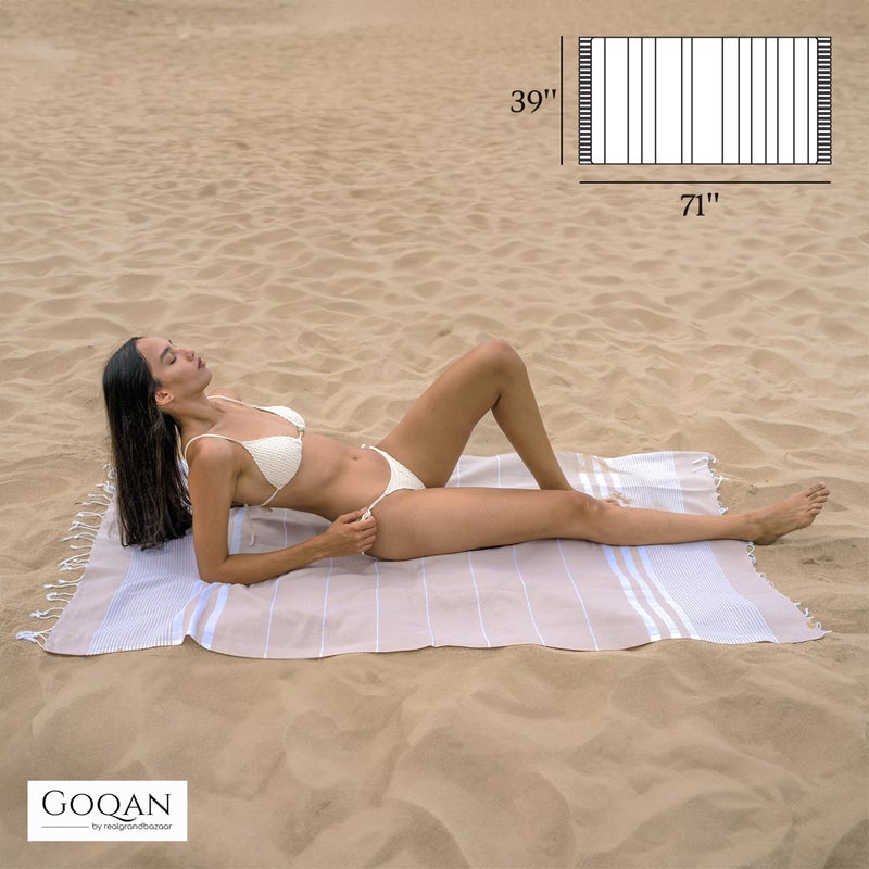 realgrandbazaar GOQAN Turkish Beach Towel Oversized 39x71 | Thin, Lightweight, 100% Cotton and Sand Free Towel is Suitable for Beach, Bathroom, Pool, Travel & Swim - Beige - Image 4